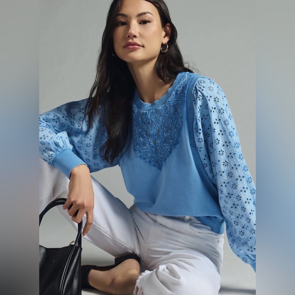 Pilcro Sweaters - Anthropologie Pilcro Women Washed Eyelet Blue Sweatshirt Top Size XXS Preppy